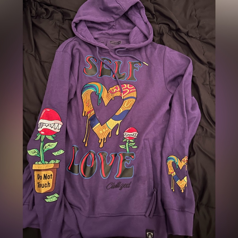 Men’s purple “self love” hoodie, size medium